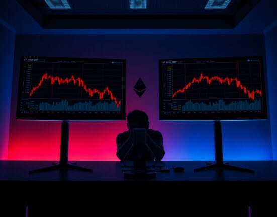 Trader at desk with monitors showing declining Ethereum price chart, representing financial loss from leveraged trading.