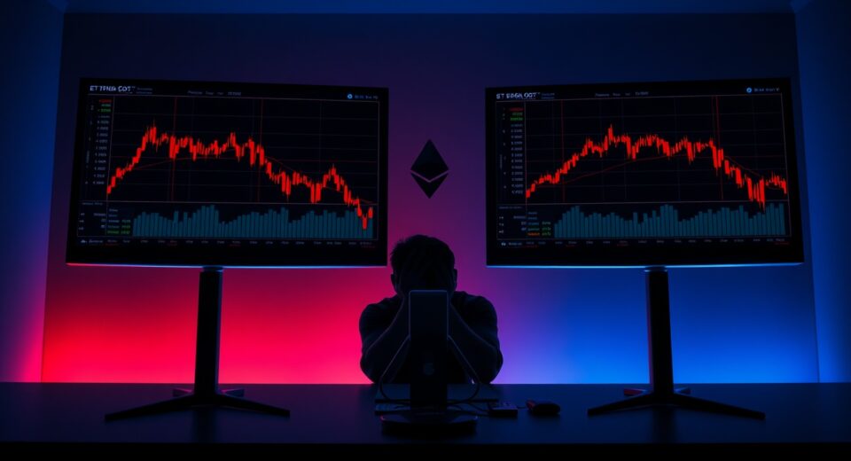 Trader at desk with monitors showing declining Ethereum price chart, representing financial loss from leveraged trading.