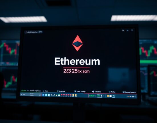 Red liquidation alert on a trading screen for a 25x leveraged Ethereum long position.