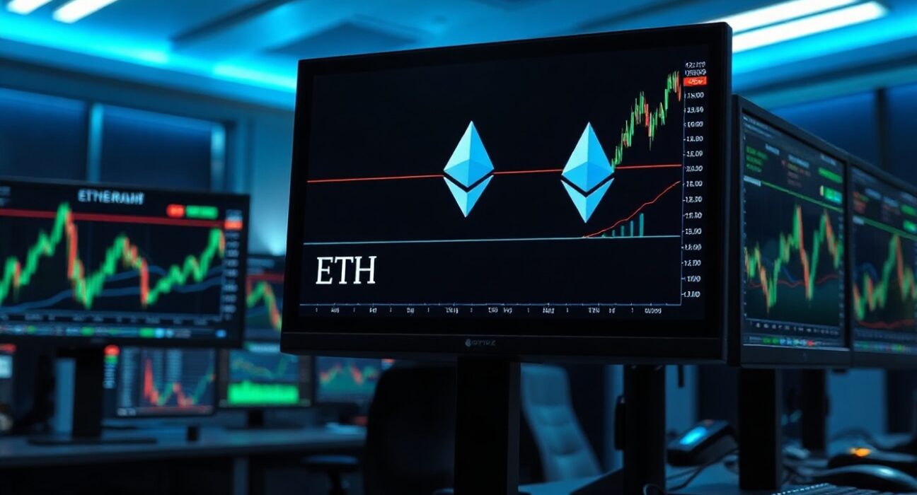 Trading monitor showing Ethereum chart with leveraged position data in a professional trading office.