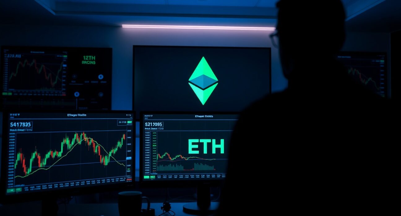 Trading desk monitors displaying Ethereum price charts and ETH logo in a dimly lit office.