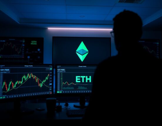 Trading desk monitors displaying Ethereum price charts and ETH logo in a dimly lit office.