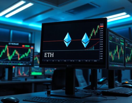 Trading monitor showing Ethereum chart with leveraged position data in a professional trading office.