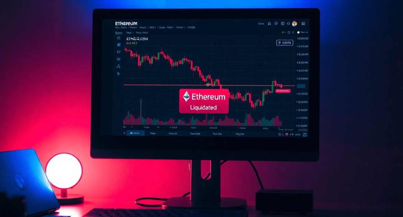 Cryptocurrency trading monitor showing Ethereum chart with liquidation warning.