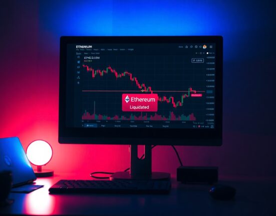 Cryptocurrency trading monitor showing Ethereum chart with liquidation warning.