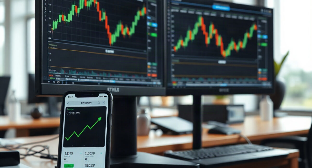Trading desk with Ethereum price charts on monitors, representing Jeffrey Huang's leveraged ETH position.