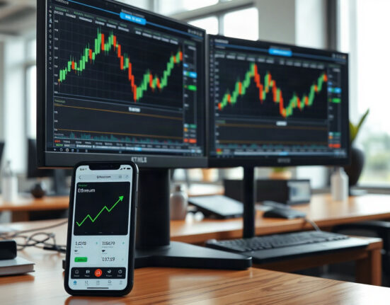 Trading desk with Ethereum price charts on monitors, representing Jeffrey Huang's leveraged ETH position.