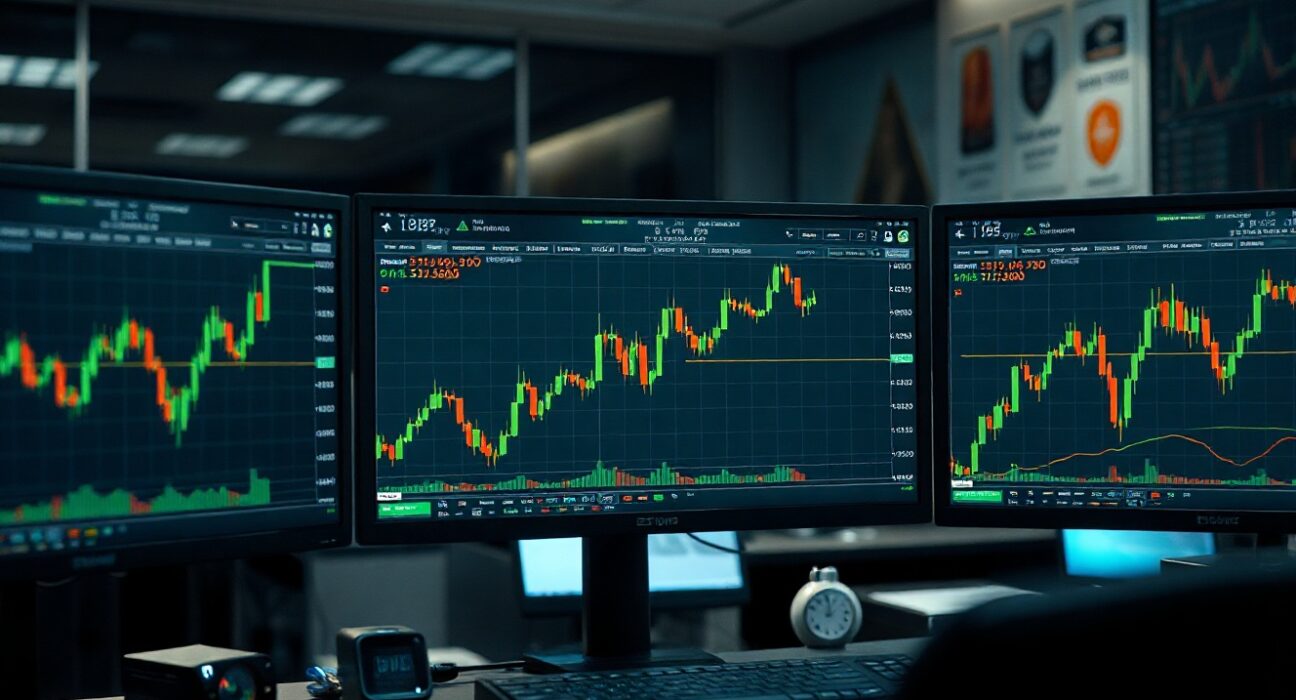 Trading monitors display Ethereum price chart with bullish trend near $1,800 level