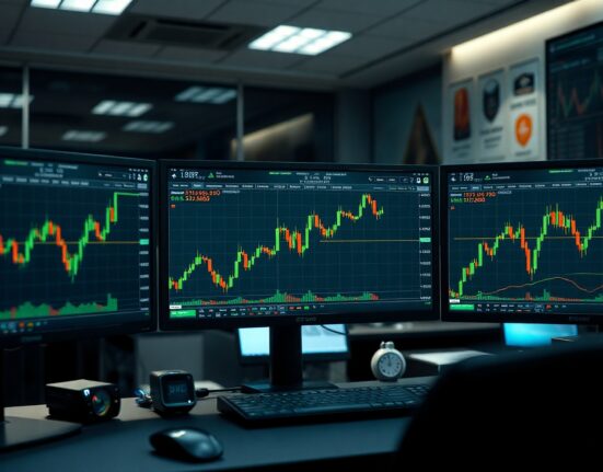 Trading monitors display Ethereum price chart with bullish trend near $1,800 level