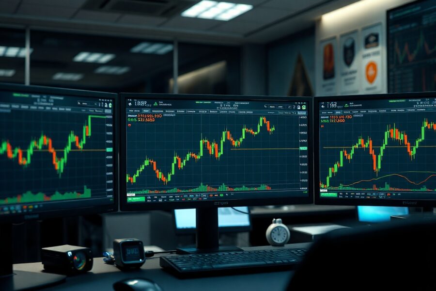 Trading monitors display Ethereum price chart with bullish trend near $1,800 level