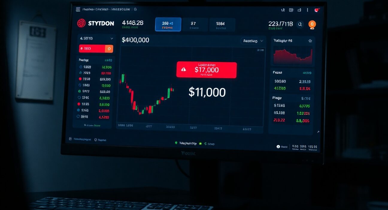 A cryptocurrency trading dashboard showing a liquidation warning and a low account balance of $11,000.