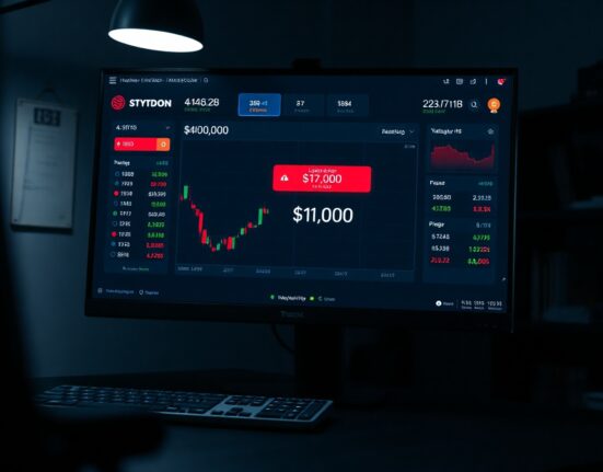 A cryptocurrency trading dashboard showing a liquidation warning and a low account balance of $11,000.