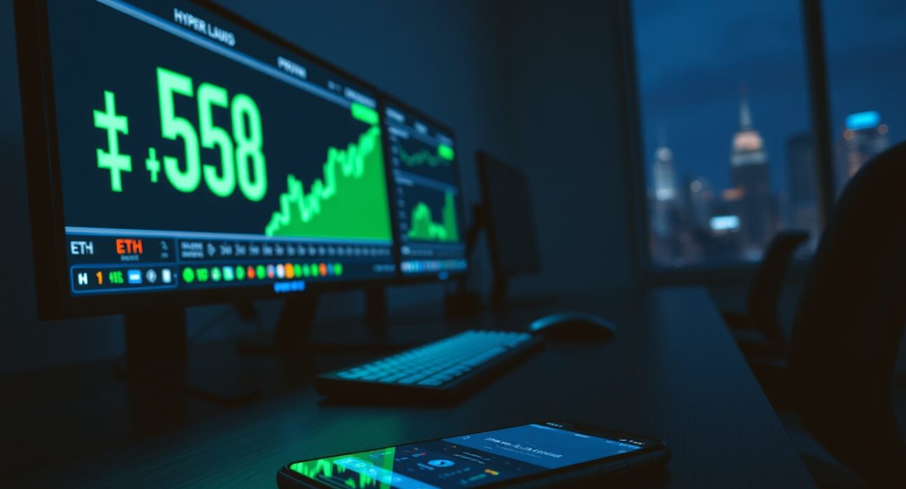 A trading desk with monitors showing a profitable ETH trade and Hyperliquid interface, representing high-leverage crypto trading.