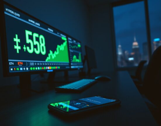 A trading desk with monitors showing a profitable ETH trade and Hyperliquid interface, representing high-leverage crypto trading.
