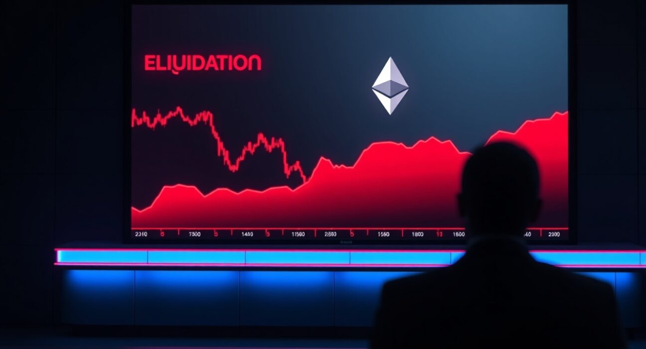 Financial news screen showing Ethereum price chart with liquidation indicator in dark room