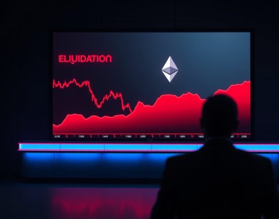 Financial news screen showing Ethereum price chart with liquidation indicator in dark room