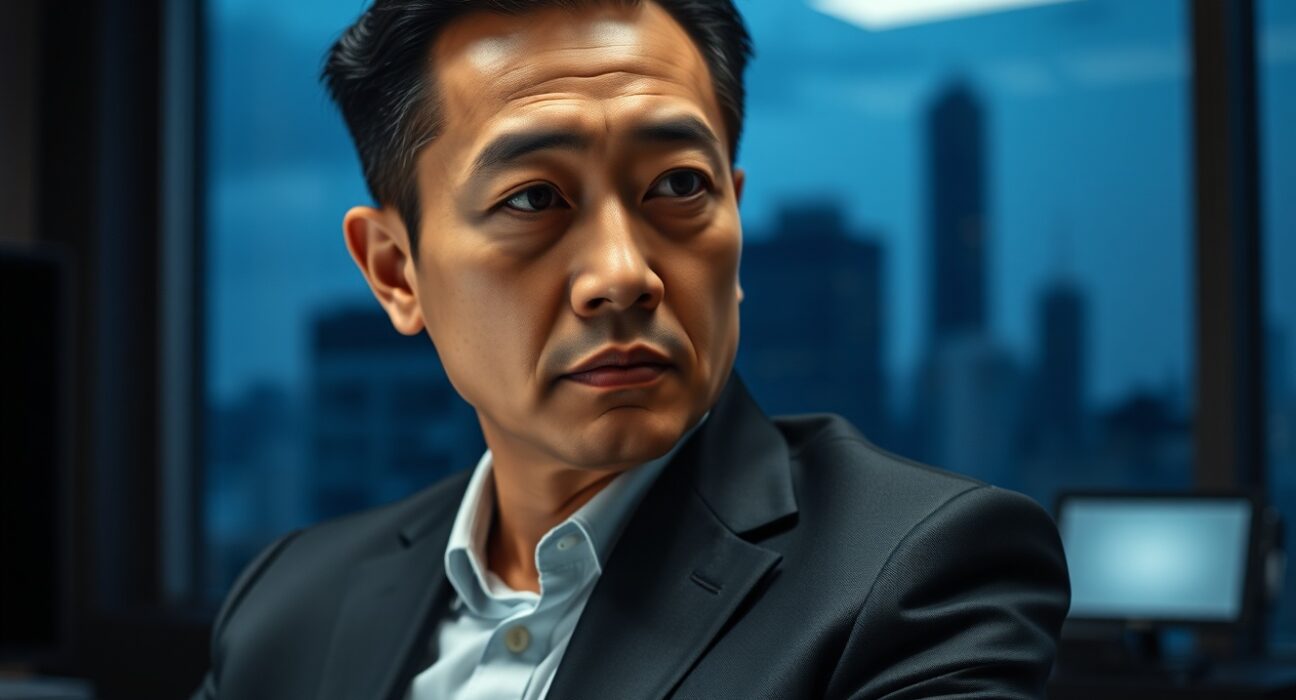 Jeffrey Huang, BAYC whale and singer, in a somber office setting reflecting on liquidation losses.