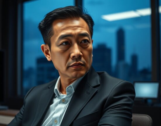 Jeffrey Huang, BAYC whale and singer, in a somber office setting reflecting on liquidation losses.
