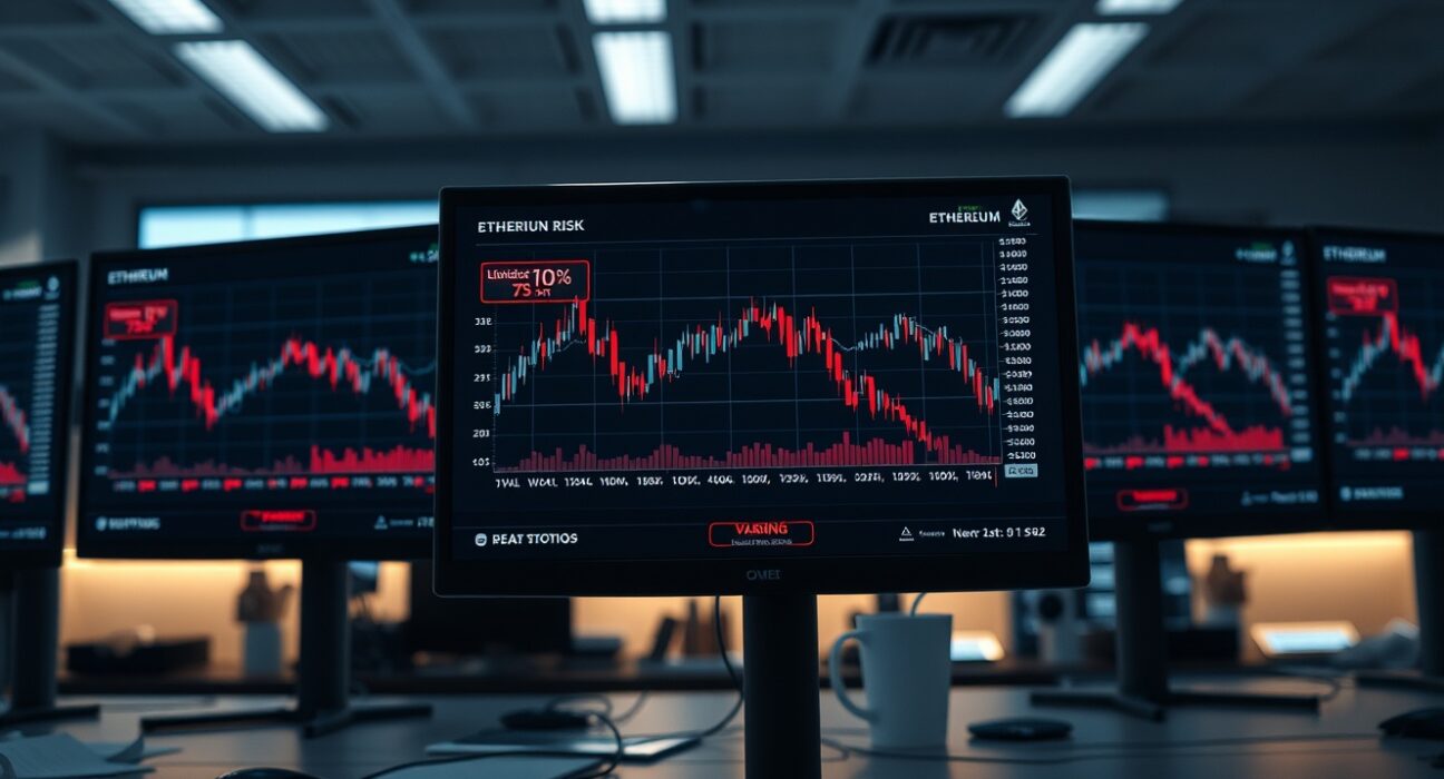 Trading monitor displaying Ethereum price chart with liquidation warning signals