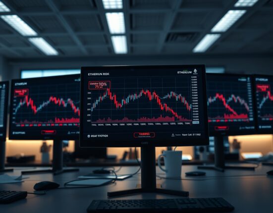 Trading monitor displaying Ethereum price chart with liquidation warning signals