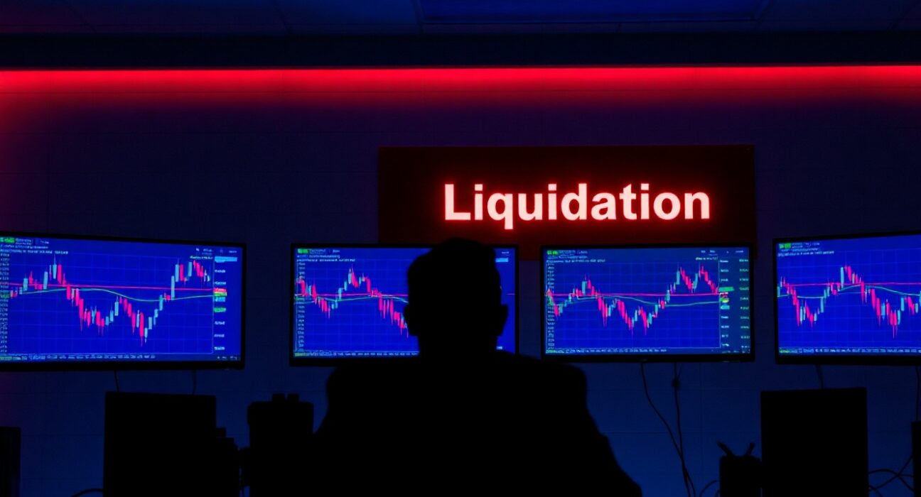 Trading desk with monitors showing crypto charts and a liquidation alert, representing high-risk leverage trading.