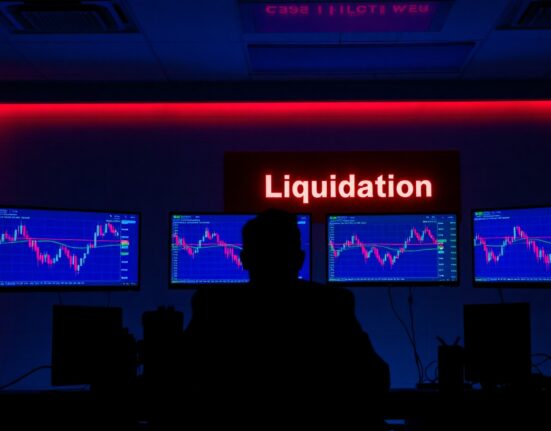 Trading desk with monitors showing crypto charts and a liquidation alert, representing high-risk leverage trading.
