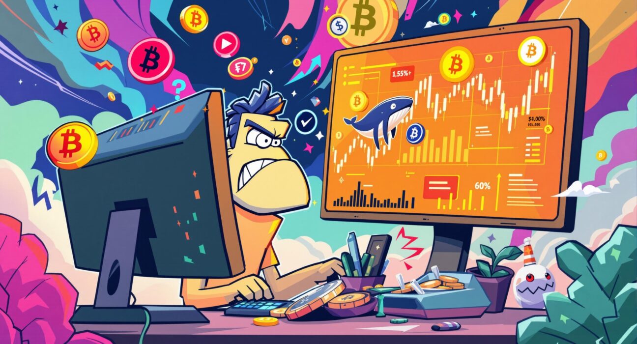 A cartoon illustration of a determined crypto whale figure, representing Jeffrey Huang, navigating volatile crypto markets with significant unrealized losses on PUMP.
