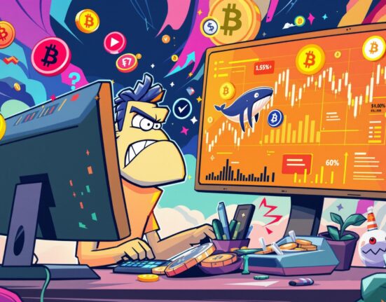 A cartoon illustration of a determined crypto whale figure, representing Jeffrey Huang, navigating volatile crypto markets with significant unrealized losses on PUMP.