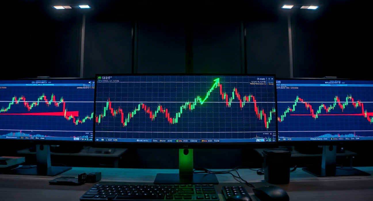 Crypto trading desk with monitors showing green upward charts, representing Jeffrey Huang's recovery.