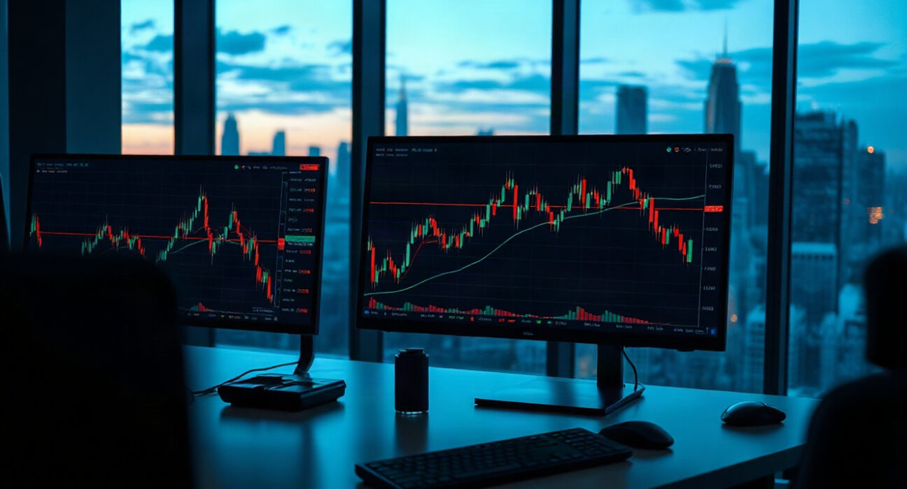 Trading monitors displaying Bitcoin price charts in a professional trading room