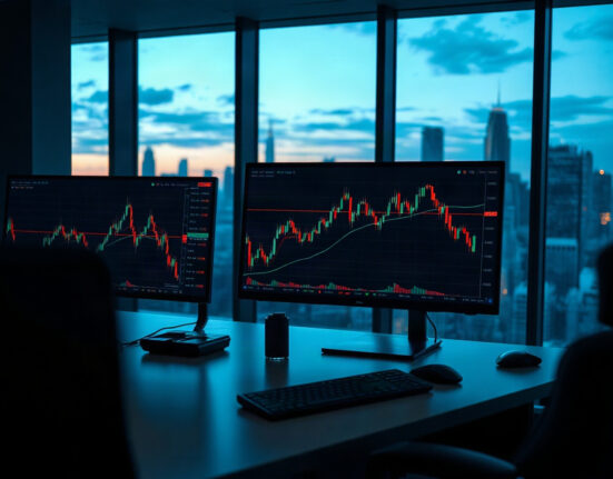 Trading monitors displaying Bitcoin price charts in a professional trading room