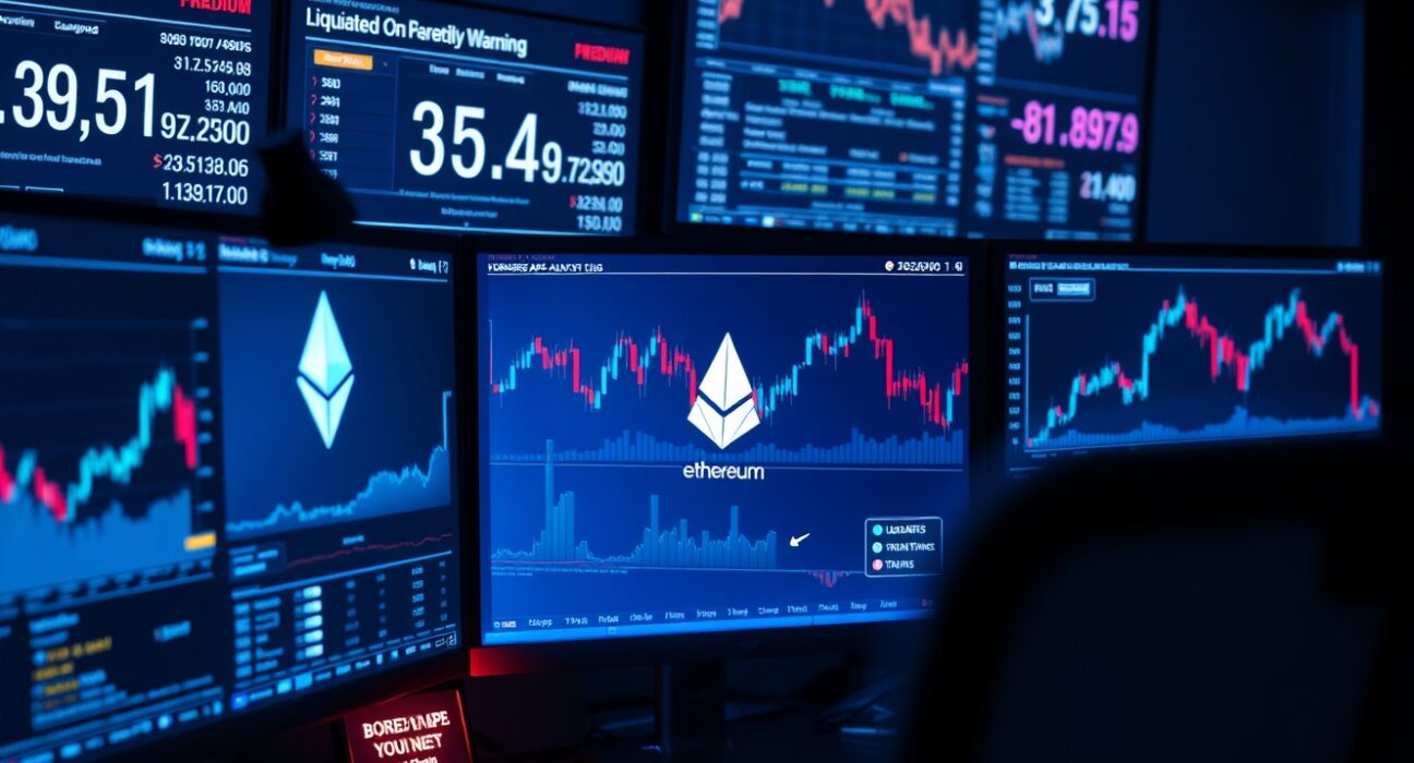 Trading desk with Ethereum charts and a Bored Ape Yacht Club NFT on a monitor.