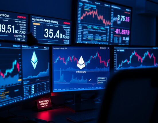 Trading desk with Ethereum charts and a Bored Ape Yacht Club NFT on a monitor.