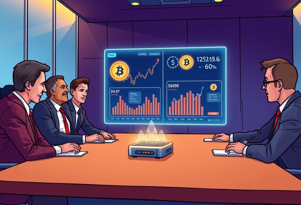 A cartoon illustration of a business team strategizing their Jeffs’ Brands crypto treasury with advanced technology.
