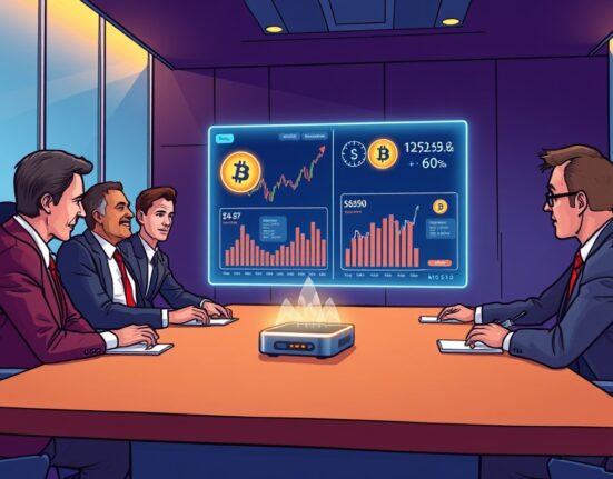 A cartoon illustration of a business team strategizing their Jeffs’ Brands crypto treasury with advanced technology.