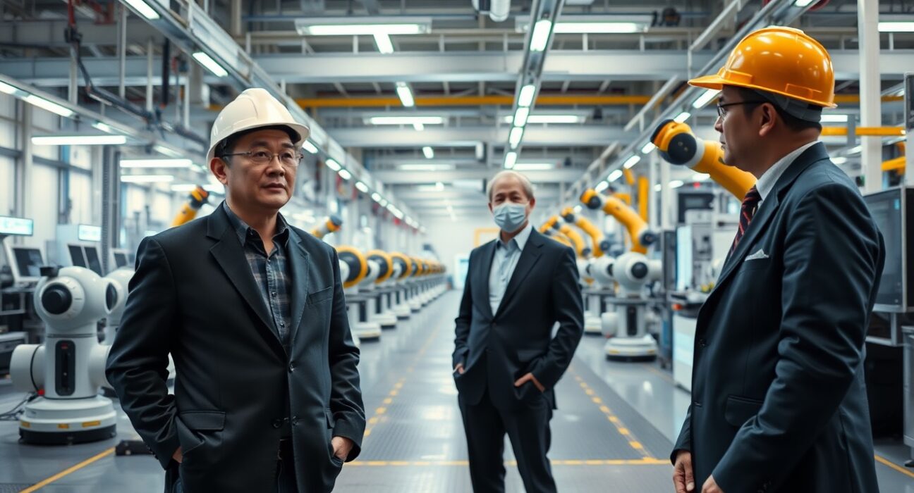 Nvidia CEO Jensen Huang on a factory floor in Japan with robotic arms and an executive in a hard hat.
