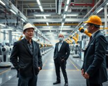 Nvidia CEO Jensen Huang on a factory floor in Japan with robotic arms and an executive in a hard hat.