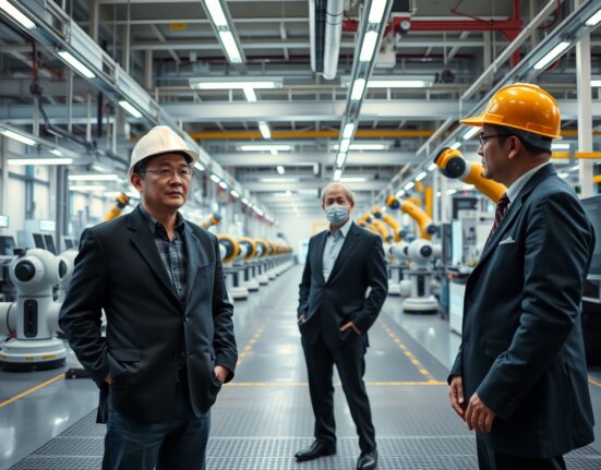 Nvidia CEO Jensen Huang on a factory floor in Japan with robotic arms and an executive in a hard hat.