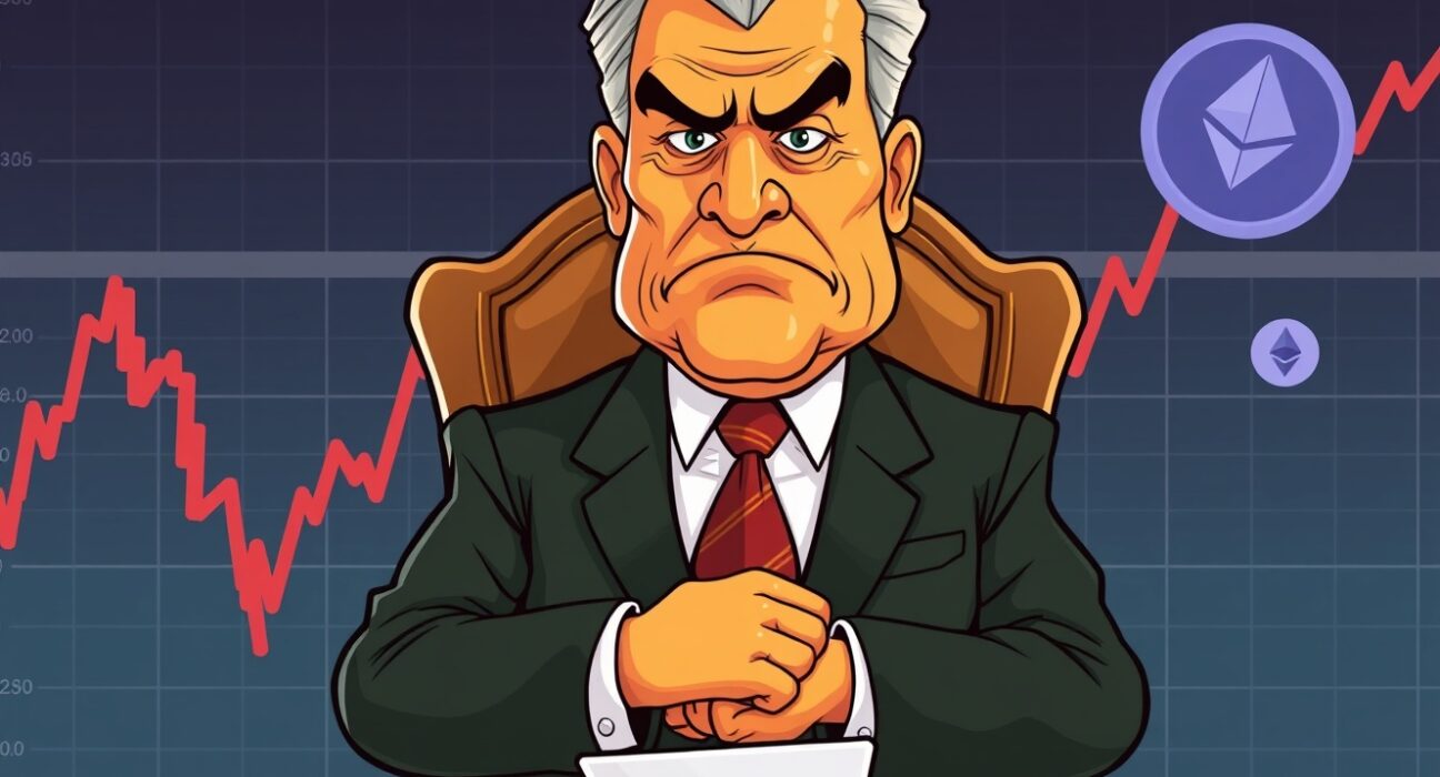 A cartoon illustration of Jerome Powell discussing the economic outlook, impacting global markets and cryptocurrency.