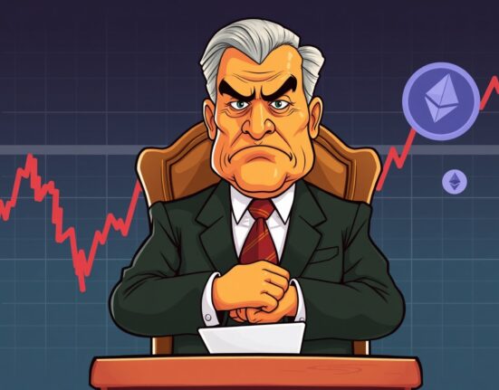 A cartoon illustration of Jerome Powell discussing the economic outlook, impacting global markets and cryptocurrency.