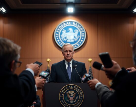 Jerome Powell farewell at his final press conference as Fed Chair, delivering a lighthearted remark to reporters.