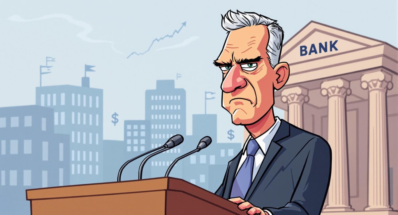 A cartoon illustration depicting Jerome Powell remaining silent on monetary policy at a banking conference, highlighting the Fed's regulatory focus.