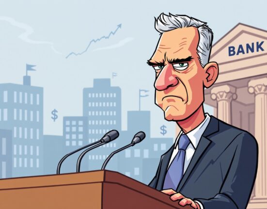 A cartoon illustration depicting Jerome Powell remaining silent on monetary policy at a banking conference, highlighting the Fed's regulatory focus.