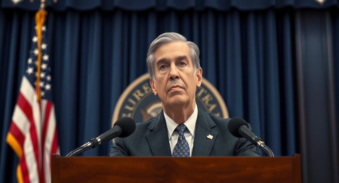 Jerome Powell, Fed Chair, announces he will remain on board during a press conference.