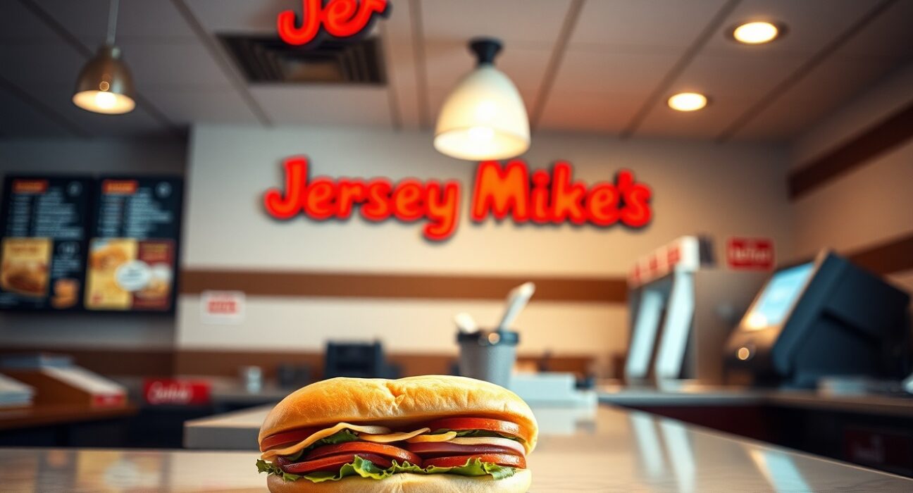 Jersey Mike's sandwich shop interior with a submarine sandwich on the counter