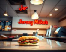 Jersey Mike's sandwich shop interior with a submarine sandwich on the counter