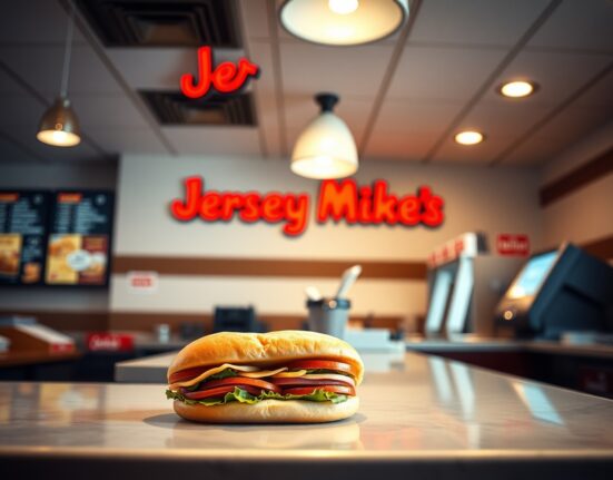 Jersey Mike's sandwich shop interior with a submarine sandwich on the counter