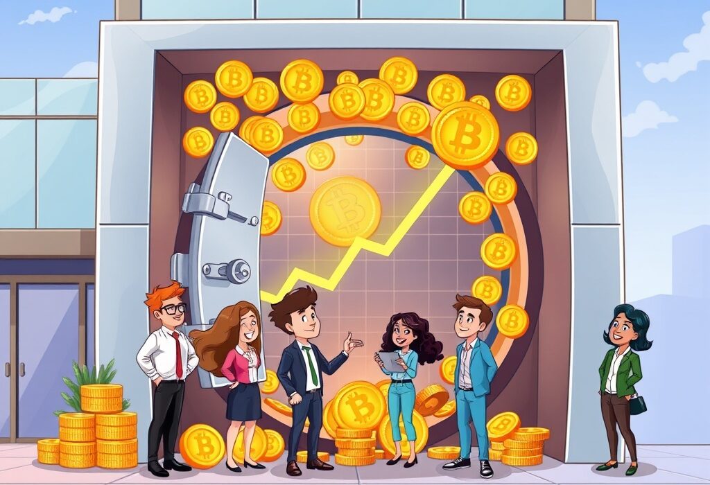 A cartoon illustration depicting Jetking's ambitious Bitcoin strategy, showing a company building with Bitcoin symbols signifying growth and treasury accumulation.