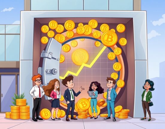 A cartoon illustration depicting Jetking's ambitious Bitcoin strategy, showing a company building with Bitcoin symbols signifying growth and treasury accumulation.