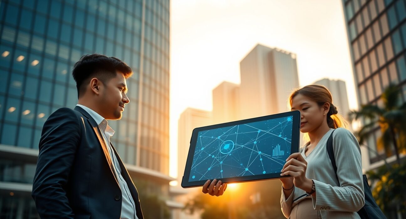 Small business owners in Southeast Asia review blockchain data on a tablet in a modern financial district